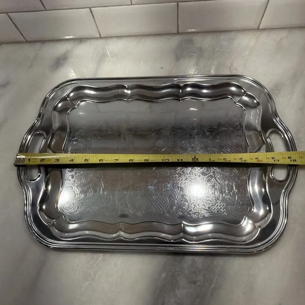 Rectangular Handled Tray Vintage Irvinware Metal Chrome Plated 18x12in OLA001